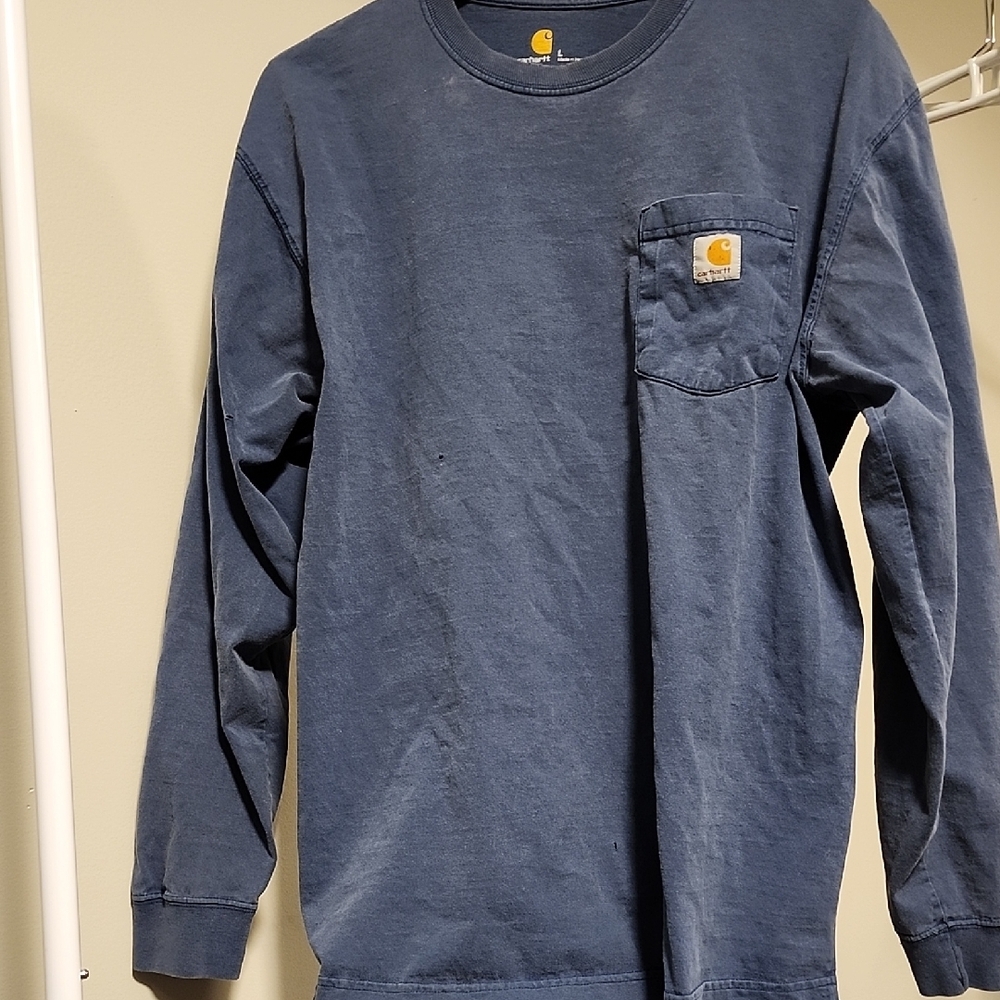 ⭐ Carhartt Navy Long Sleeve Pocket Tee – Men's M Workwear Worn‑In